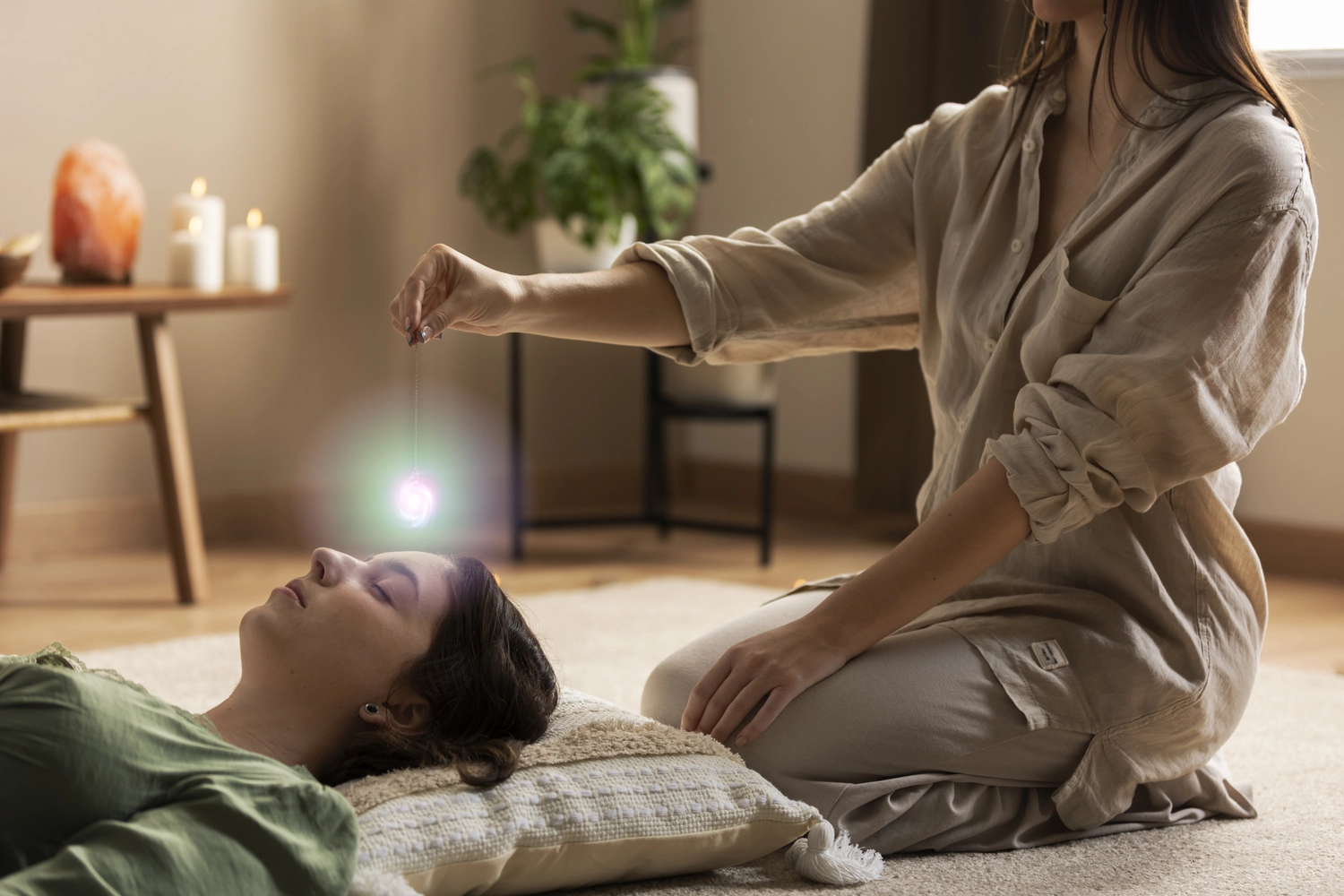 Ines Facius - Reiki - Lebensberatung -  Frau lässt ein Pendel meditativ über einer anderen Frau schweben